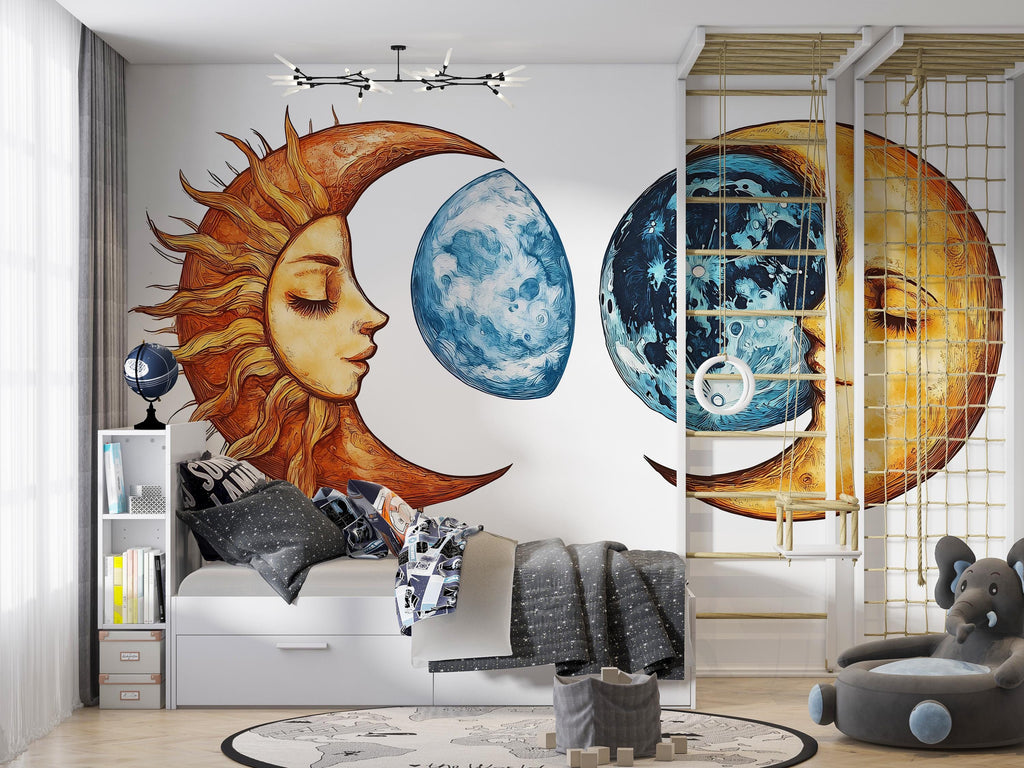 Sun Moon Wall Decal Set, Celestial Wall Sticker, Boho Wall Art, Astrology Decor, Mystic Moon Sun Mural, Cosmic Bedroom Decor, 182gm