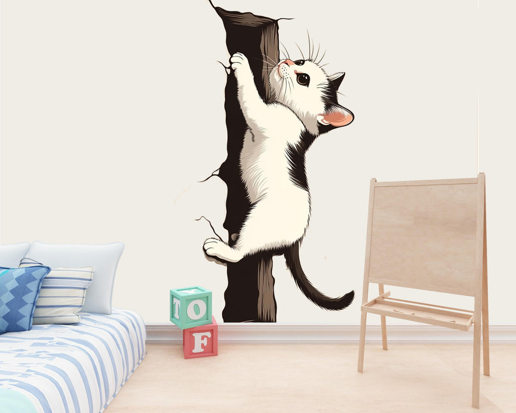 Black White Cat Wall Decal, Climbing Kitten Wall Sticker, Cute Cat Wall Art, Kids Room Decor, Nursery Wall Mural, Pet Lover Gift, 188gm