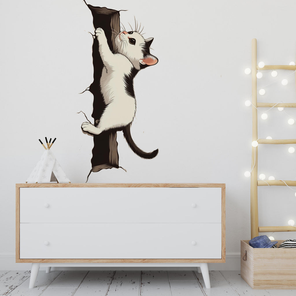 Black White Cat Wall Decal, Climbing Kitten Wall Sticker, Cute Cat Wall Art, Kids Room Decor, Nursery Wall Mural, Pet Lover Gift, 188gm