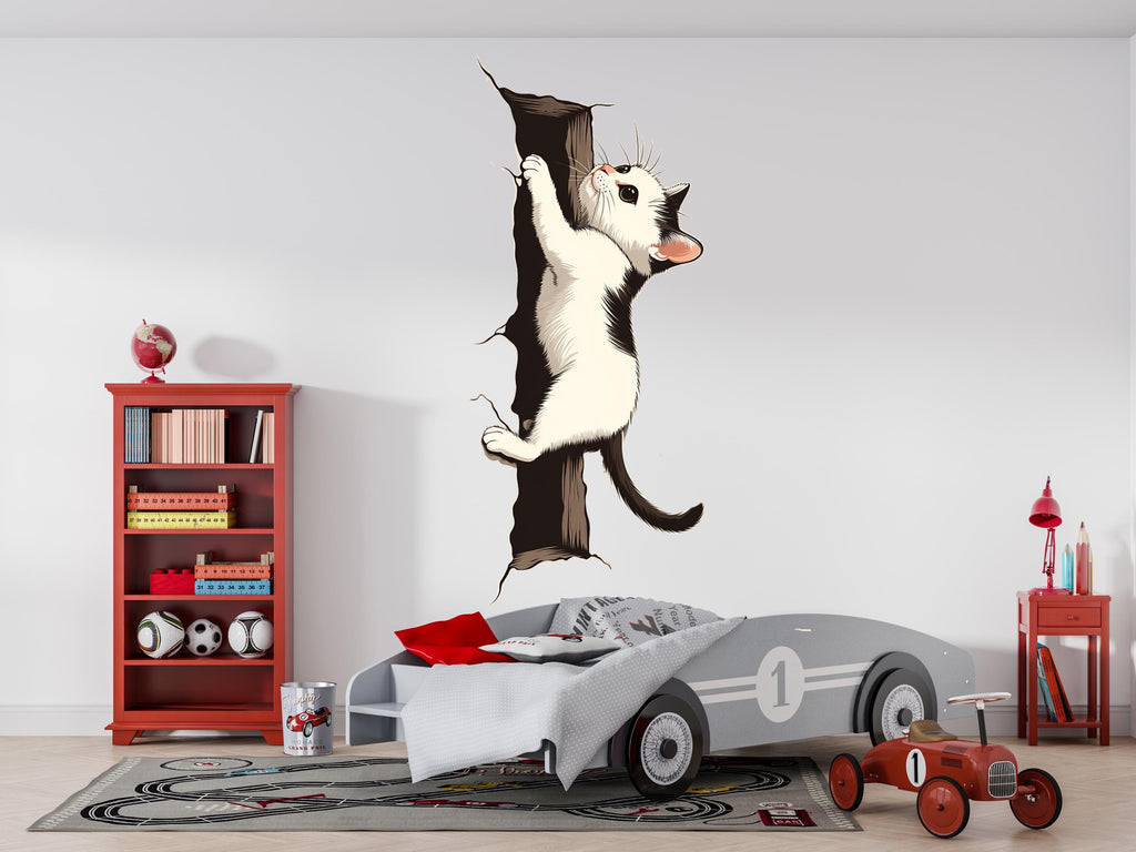 Black White Cat Wall Decal, Climbing Kitten Wall Sticker, Cute Cat Wall Art, Kids Room Decor, Nursery Wall Mural, Pet Lover Gift, 188gm