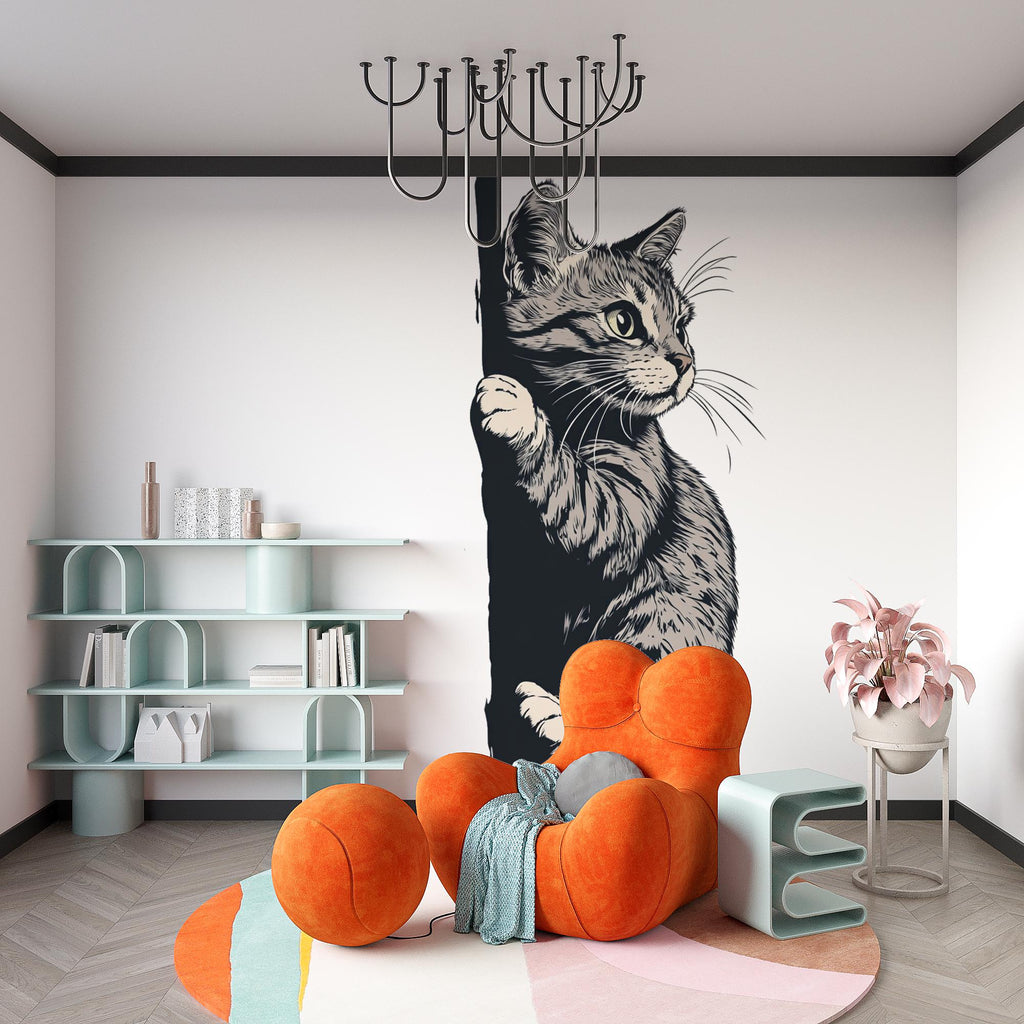 Peeking Cat Wall Decal, Black White Cat Sticker, Cute Kitty Wall Art, Kids Room Decor, Nursery Wall Mural, Pet Lover Gift, 189gm