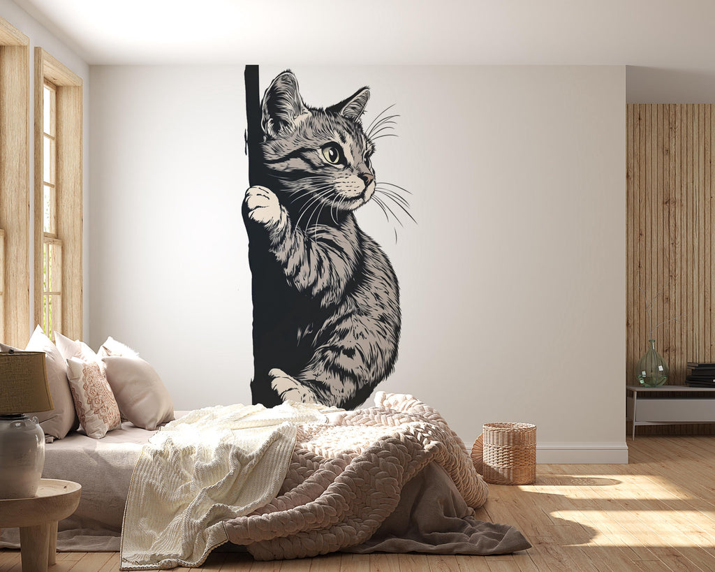 Peeking Cat Wall Decal, Black White Cat Sticker, Cute Kitty Wall Art, Kids Room Decor, Nursery Wall Mural, Pet Lover Gift, 189gm