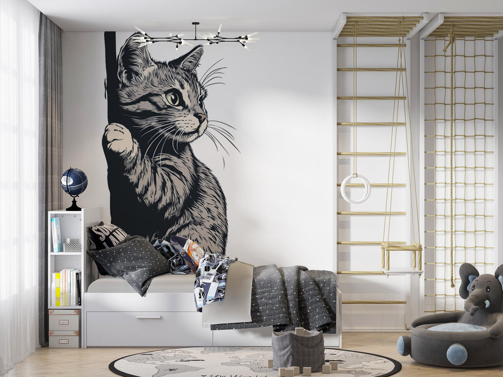 Peeking Cat Wall Decal, Black White Cat Sticker, Cute Kitty Wall Art, Kids Room Decor, Nursery Wall Mural, Pet Lover Gift, 189gm