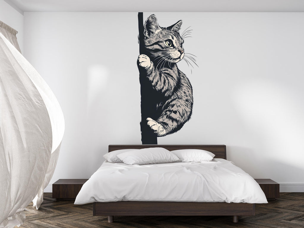 Peeking Cat Wall Decal, Black White Cat Sticker, Cute Kitty Wall Art, Kids Room Decor, Nursery Wall Mural, Pet Lover Gift, 189gm