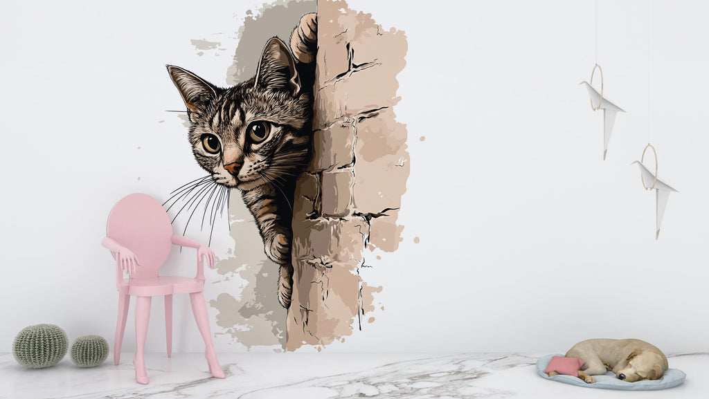 Peeking Cat Wall Decal, Cat Wall Sticker, Cute Kitty Wall Art, Bedroom Decor, Nursery Wall Mural, Pet Lover Gift, 190gm