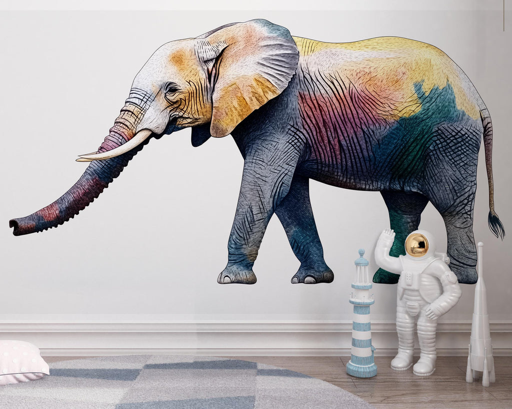 Colorful Elephant Wall Decal, Safari Animal Sticker, Kids Room Wall Art, Nursery Decor, Jungle Wall Mural, 197gm