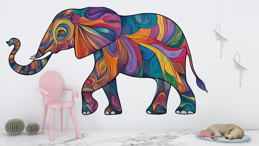 Colorful Elephant Wall Decal, Boho Elephant Sticker, Safari Animal Wall Art, Kids Room Decor, Nursery Wall Mural, 198gm