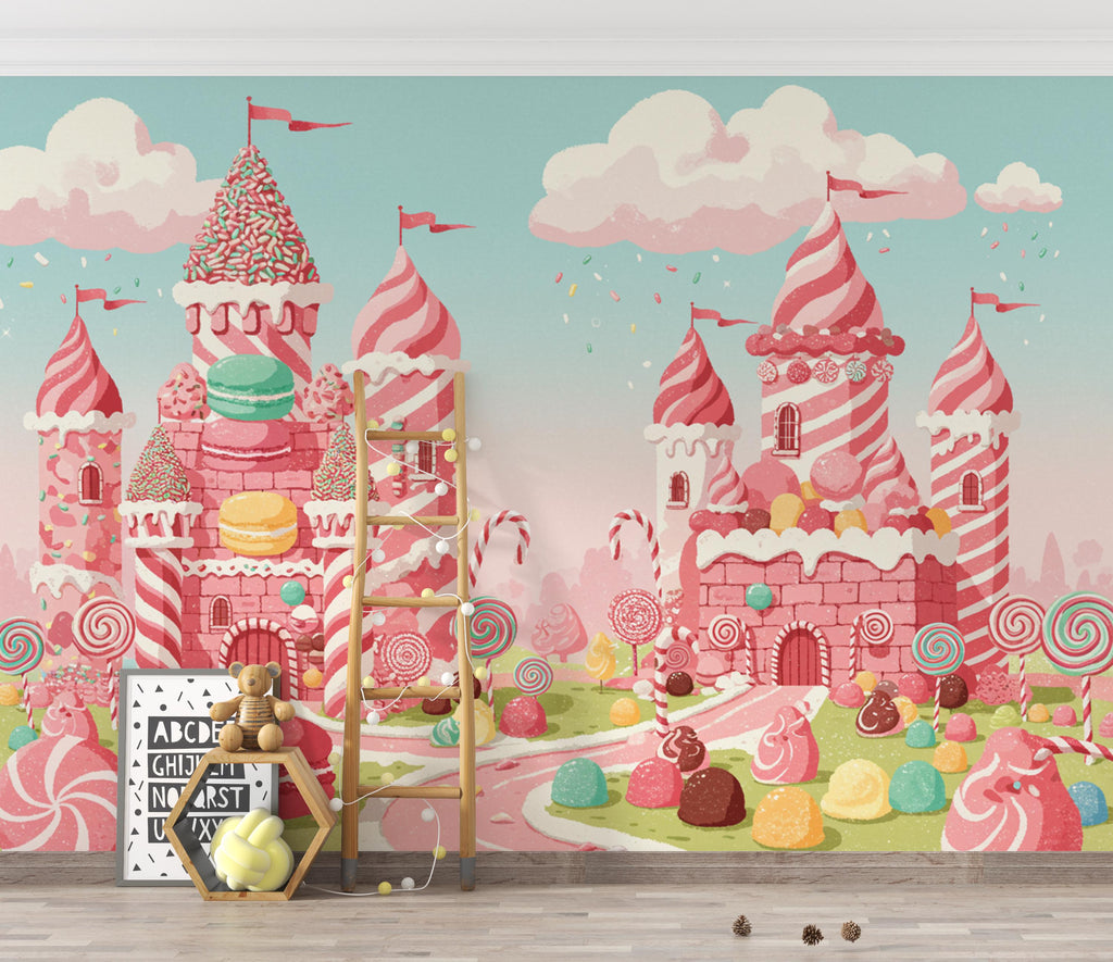 Candy Castle Wallpaper, Sweet Fantasy Wall Mural, Candyland Kids Room Decor, Colorful wall decor