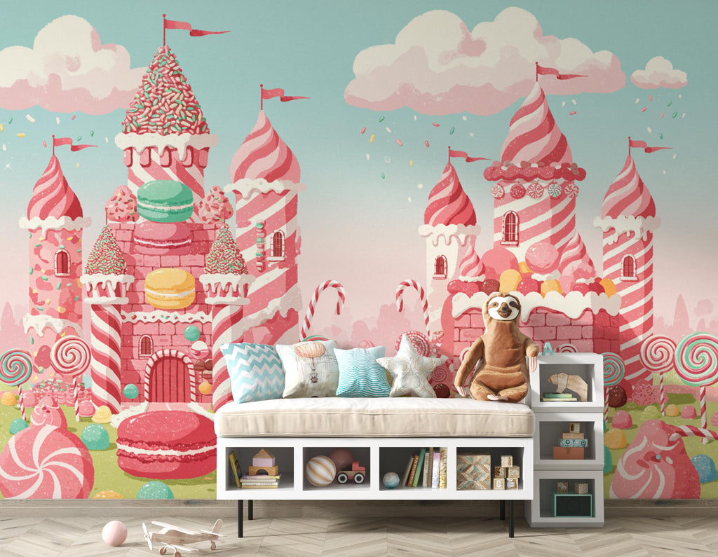 Candy Castle Wallpaper, Sweet Fantasy Wall Mural, Candyland Kids Room Decor, Colorful wall decor