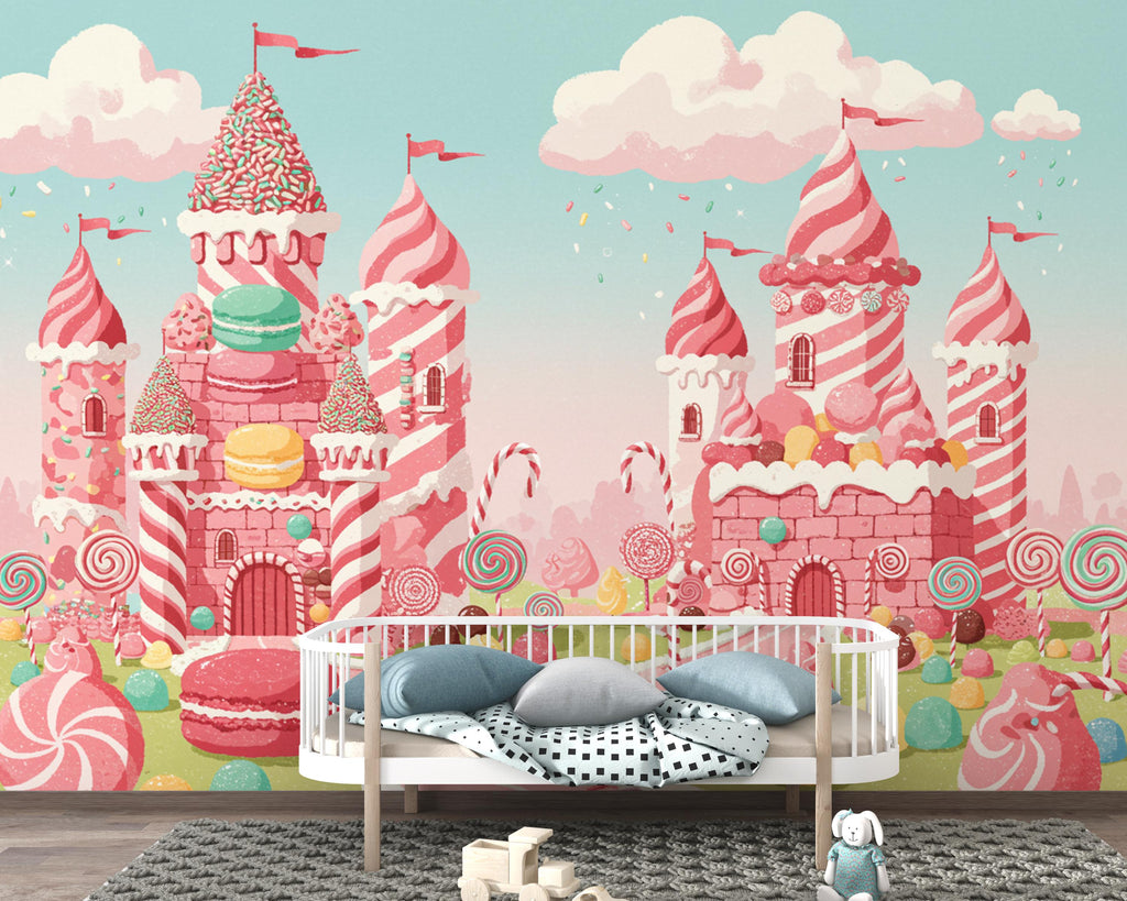 Candy Castle Wallpaper, Sweet Fantasy Wall Mural, Candyland Kids Room Decor, Colorful wall decor