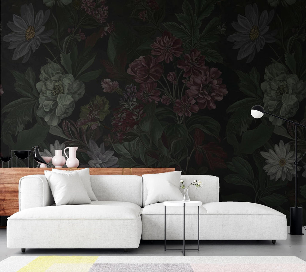 Dark Botanical Wallpaper Mural, Moody Floral Wall Art, Vintage Wildflower Foliage, Deep Green Burgundy Charcoal, Dark Academia Luxury Decor