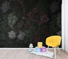 Load image into Gallery viewer, Dark Botanical Wallpaper Mural, Moody Floral Wall Art, Vintage Wildflower Foliage, Deep Green Burgundy Charcoal, Dark Academia Luxury Decor