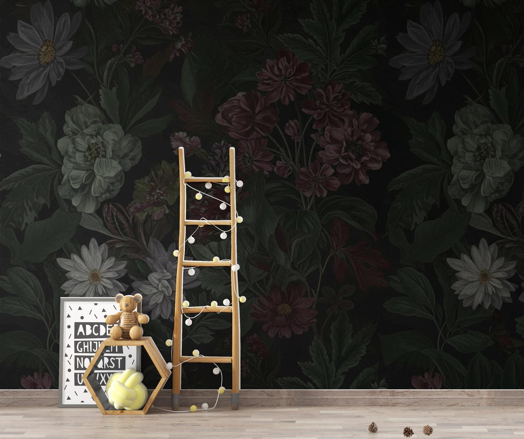 Dark Botanical Wallpaper Mural, Moody Floral Wall Art, Vintage Wildflower Foliage, Deep Green Burgundy Charcoal, Dark Academia Luxury Decor