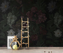 Load image into Gallery viewer, Dark Botanical Wallpaper Mural, Moody Floral Wall Art, Vintage Wildflower Foliage, Deep Green Burgundy Charcoal, Dark Academia Luxury Decor
