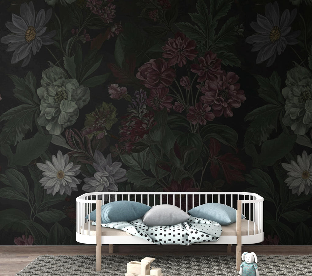 Dark Botanical Wallpaper Mural, Moody Floral Wall Art, Vintage Wildflower Foliage, Deep Green Burgundy Charcoal, Dark Academia Luxury Decor