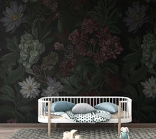 Load image into Gallery viewer, Dark Botanical Wallpaper Mural, Moody Floral Wall Art, Vintage Wildflower Foliage, Deep Green Burgundy Charcoal, Dark Academia Luxury Decor