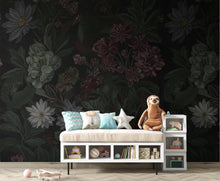 Load image into Gallery viewer, Dark Botanical Wallpaper Mural, Moody Floral Wall Art, Vintage Wildflower Foliage, Deep Green Burgundy Charcoal, Dark Academia Luxury Decor