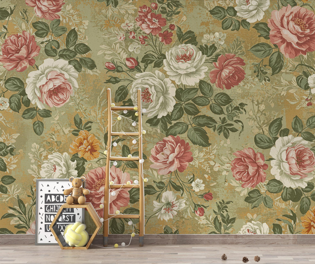 Vintage Floral Wallpaper, Romantic Antique Flower Mural, Dusty Rose Sage Green Cream Decor, French Country Chateaucore