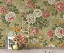 Load image into Gallery viewer, Vintage Floral Wallpaper, Romantic Antique Flower Mural, Dusty Rose Sage Green Cream Decor, French Country Chateaucore