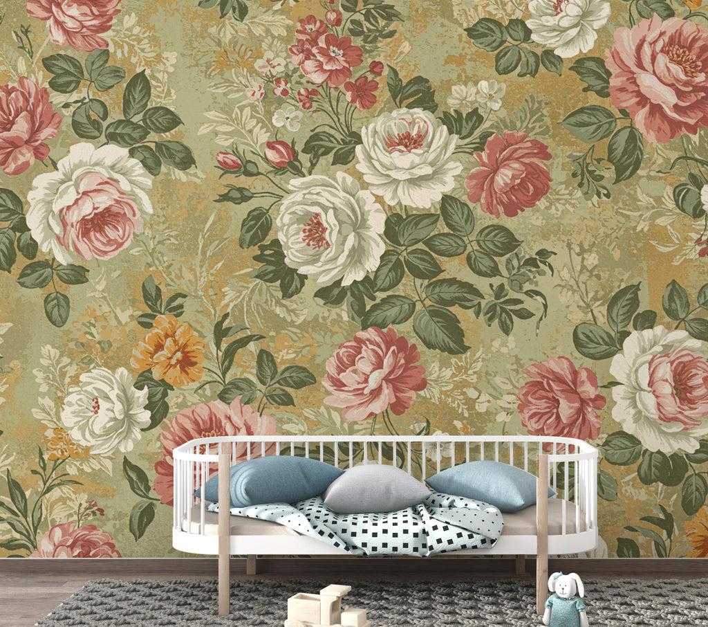 Vintage Floral Wallpaper, Romantic Antique Flower Mural, Dusty Rose Sage Green Cream Decor, French Country Chateaucore