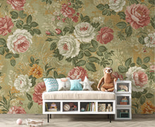Load image into Gallery viewer, Vintage Floral Wallpaper, Romantic Antique Flower Mural, Dusty Rose Sage Green Cream Decor, French Country Chateaucore