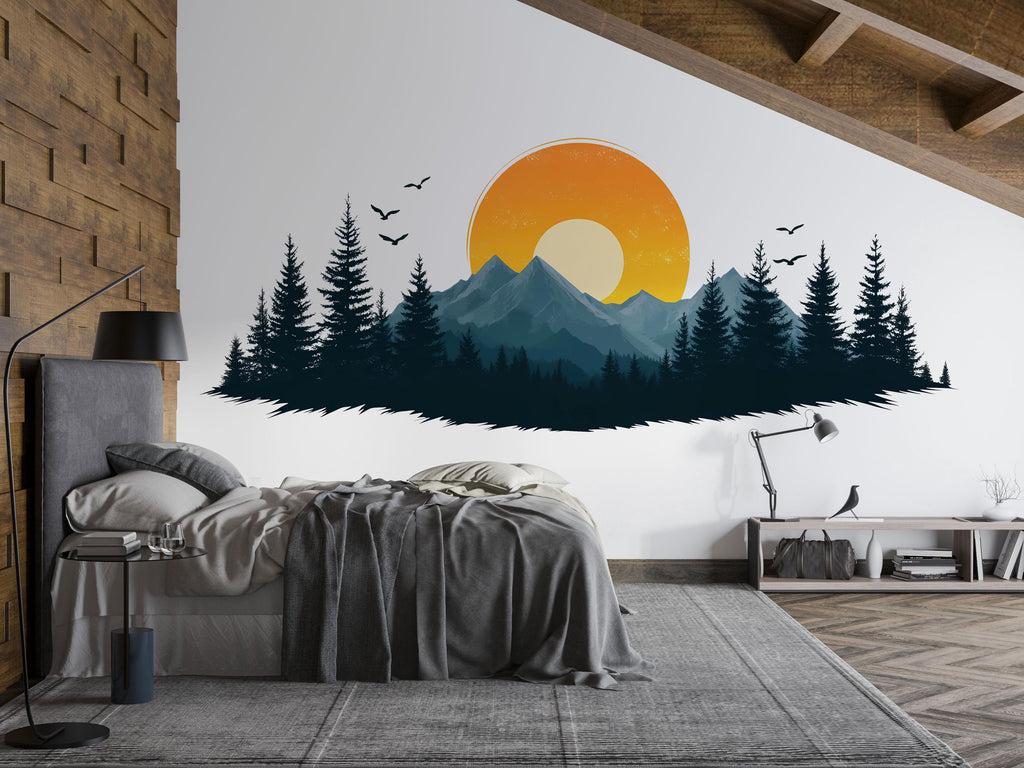 Mountain Sunset Wallpaper Forest Wall Decal Nature Wall Mural Peel And Stick Wallpaper Living Room Bedroom Landscape Wallpaper Modern Decor
