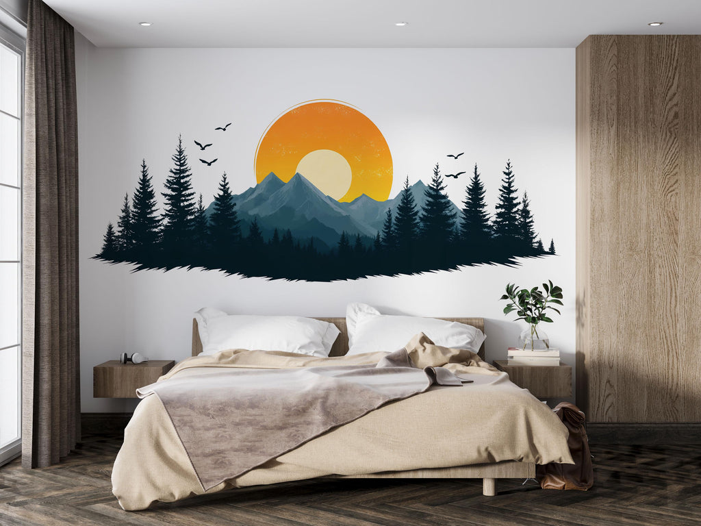 Mountain Sunset Wallpaper Forest Wall Decal Nature Wall Mural Peel And Stick Wallpaper Living Room Bedroom Landscape Wallpaper Modern Decor