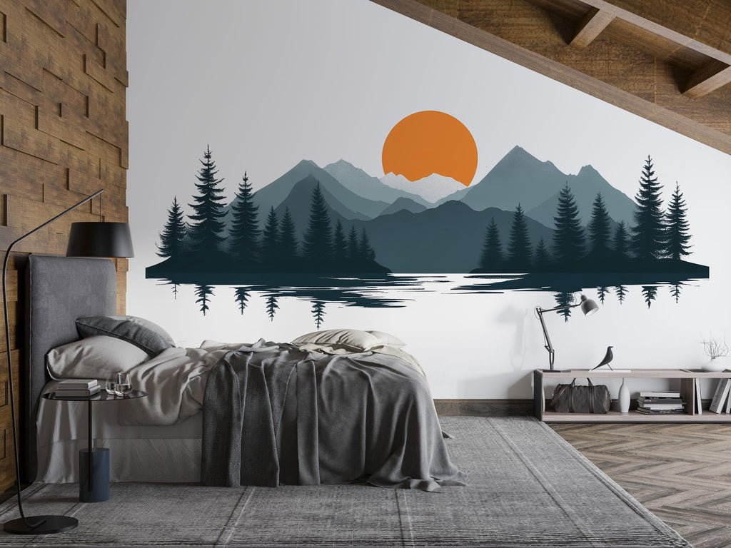 Mountain Lake Wallpaper Sunset Wall Decal Nature Wall Mural Peel And Stick Wallpaper Living Room Bedroom Landscape Reflection Wall Decor