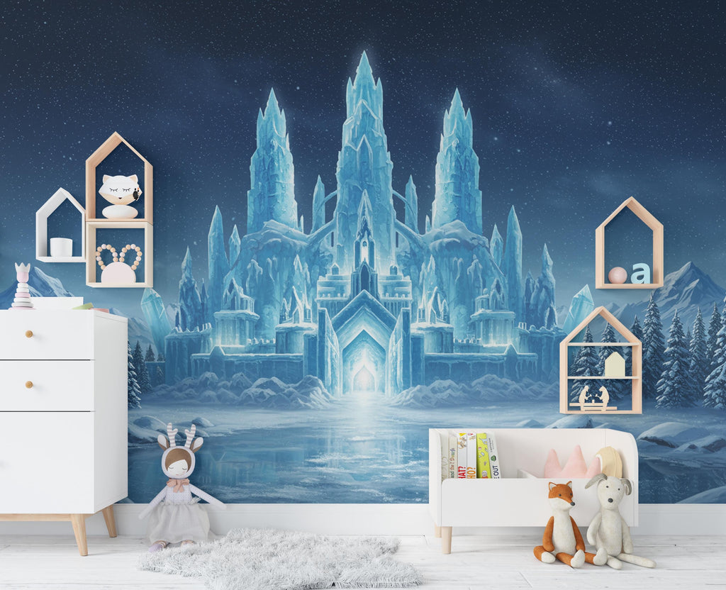 Frozen Ice Castle Wallpaper | Watercolor Winter Wonderland Wall Mural | Crystal Snow Castle Kids Room Decor | Magical Fairy-tale Art