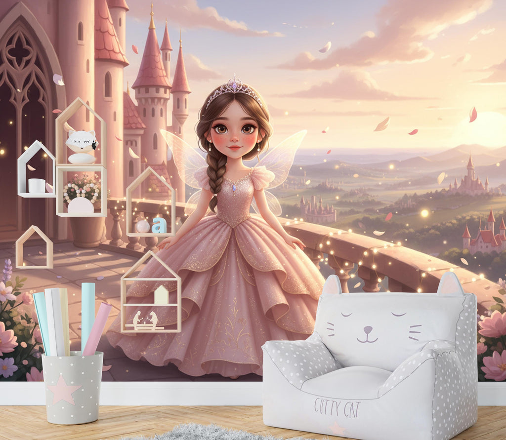 Custom Fairy Princess Portrait, Personalised Girl Wall Art, Princess Castle Wallpaper, Kids Room Decor, Custom Baby, Toddler Birthday Gift