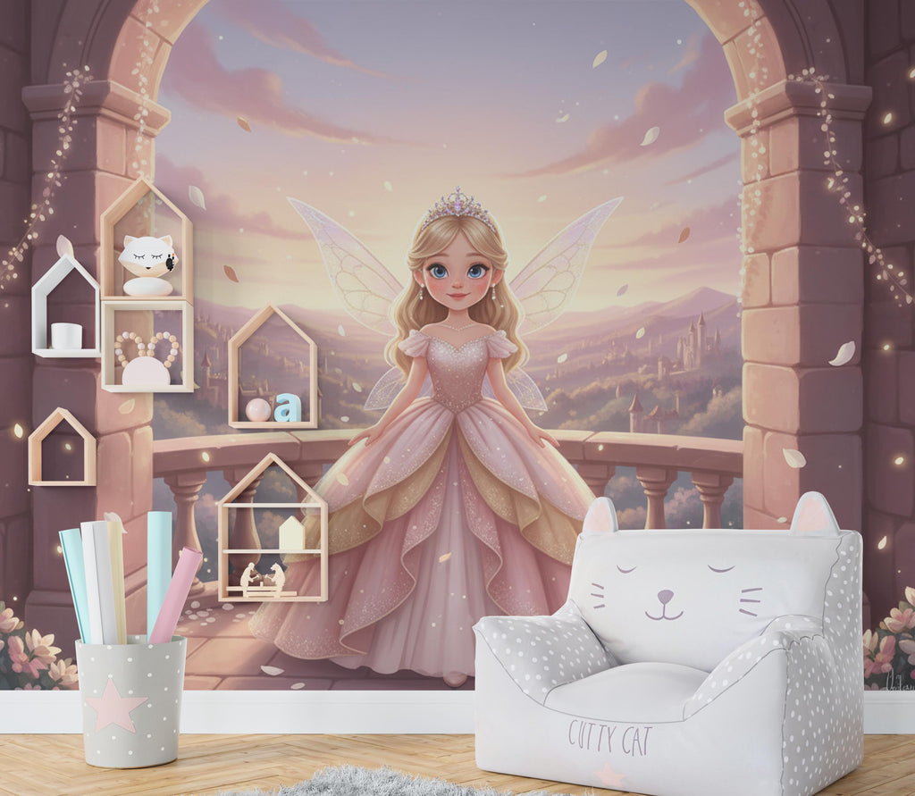 Custom Fairy Princess Portrait, Personalised Girl Wall Art, Princess Castle Wallpaper, Kids Room Decor, Custom Baby, Toddler Birthday Gift