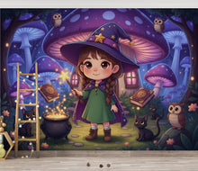 Load image into Gallery viewer, Custom Kids Portrait Cartoon Witch Wallpaper, Enchanted Forest Mushroom House Art, Personalized Girl Wall Decor, Fantasy Nursery Mural