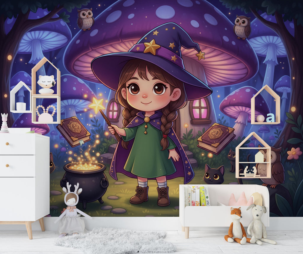 Custom Kids Portrait Cartoon Witch Wallpaper, Enchanted Forest Mushroom House Art, Personalized Girl Wall Decor, Fantasy Nursery Mural