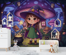 Load image into Gallery viewer, Custom Kids Portrait Cartoon Witch Wallpaper, Enchanted Forest Mushroom House Art, Personalized Girl Wall Decor, Fantasy Nursery Mural