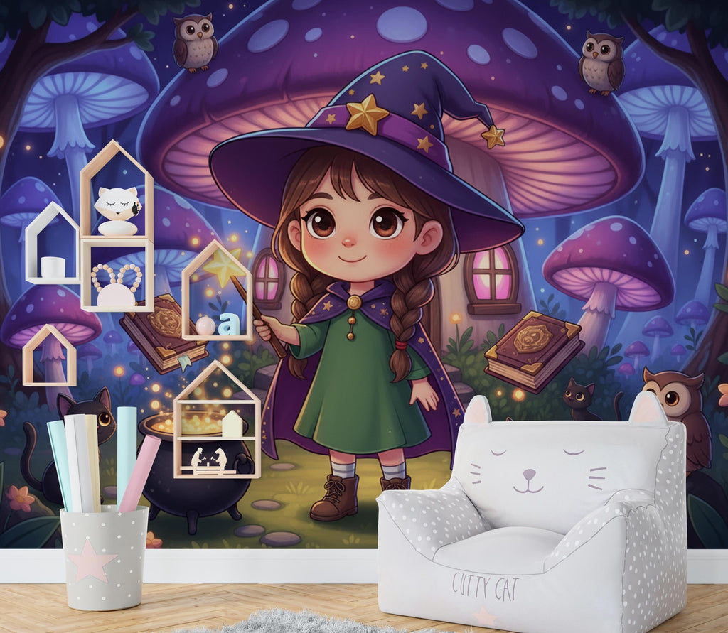 Custom Kids Portrait Cartoon Witch Wallpaper, Enchanted Forest Mushroom House Art, Personalized Girl Wall Decor, Fantasy Nursery Mural