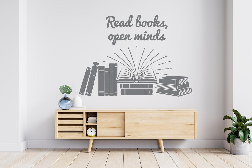 Read Books Open Minds Books Wall Decal, Reading Room Decor, Library Art, Inspirational Quote Sticker