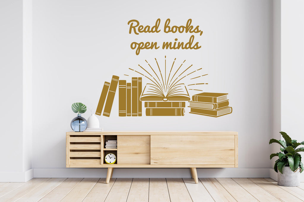 Read Books Open Minds Books Wall Decal, Reading Room Decor, Library Art, Inspirational Quote Sticker