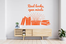 Load image into Gallery viewer, Read Books Open Minds Books Wall Decal, Reading Room Decor, Library Art, Inspirational Quote Sticker