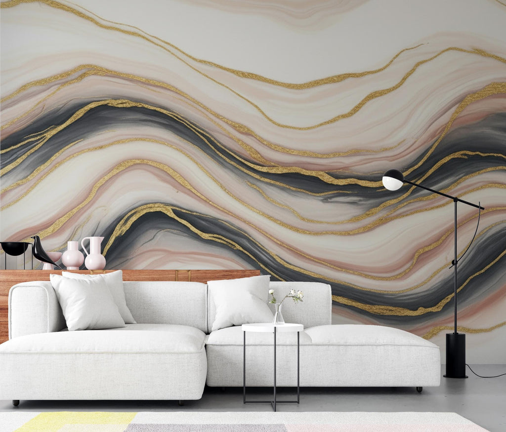 Luxury Marble Fluid Art Wallpaper Mural | Peel and Stick Removable Wallpaper | Gold Ivory Blush Abstract Wall Mural | Living Room Wallpaper