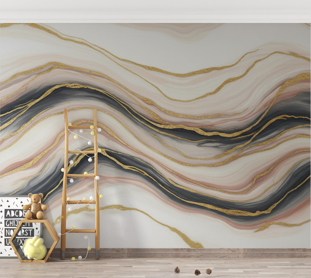 Luxury Marble Fluid Art Wallpaper Mural | Peel and Stick Removable Wallpaper | Gold Ivory Blush Abstract Wall Mural | Living Room Wallpaper