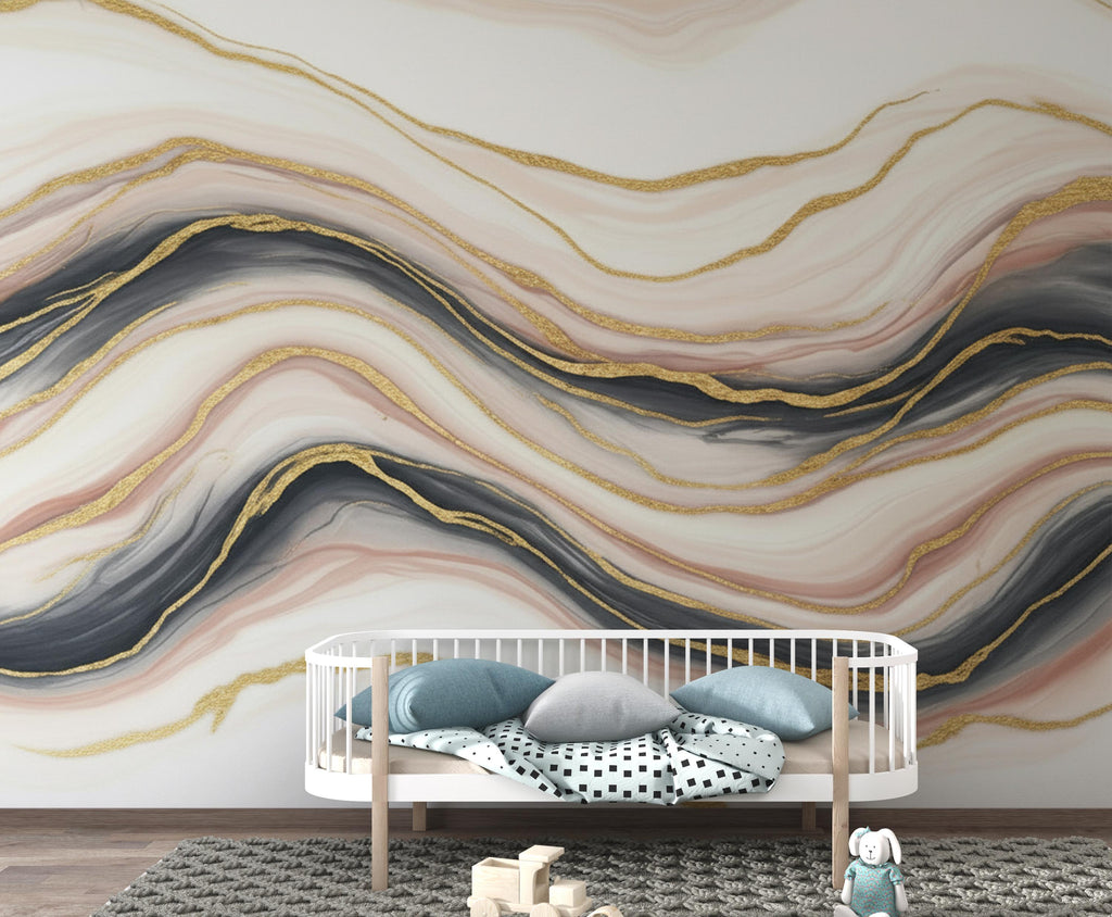 Luxury Marble Fluid Art Wallpaper Mural | Peel and Stick Removable Wallpaper | Gold Ivory Blush Abstract Wall Mural | Living Room Wallpaper