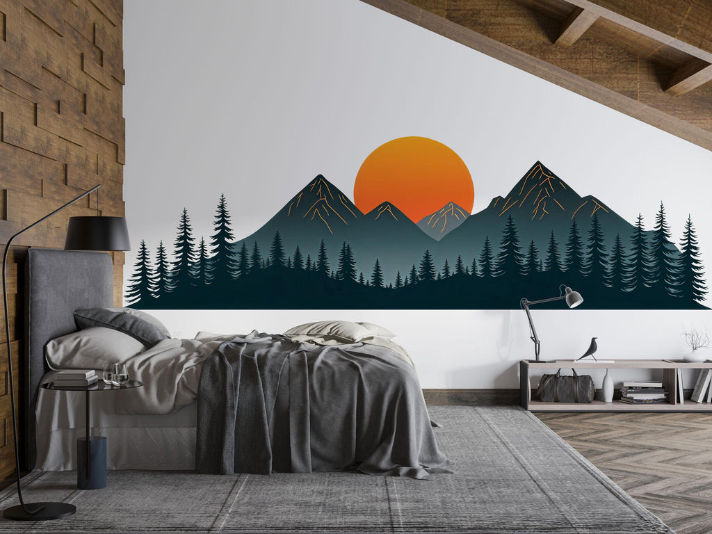 Mountain Sunset Wallpaper Minimalist Forest Wall Decal Nature Wall Mural Peel And Stick Wallpaper Living Room Modern Landscape Wall Decor