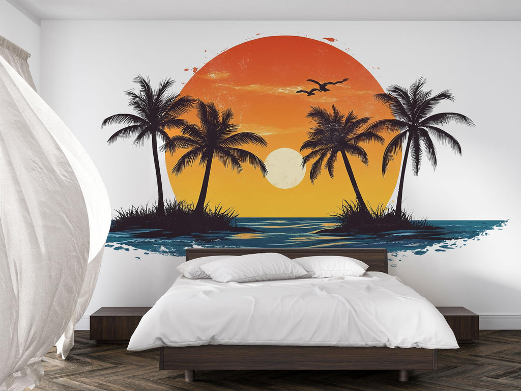 Tropical Sunset Wall Decal Palm Trees Ocean Island Sticker Coastal Beach Wall Decor Removable Vinyl Art Summer Vibes Living Room Bedroom