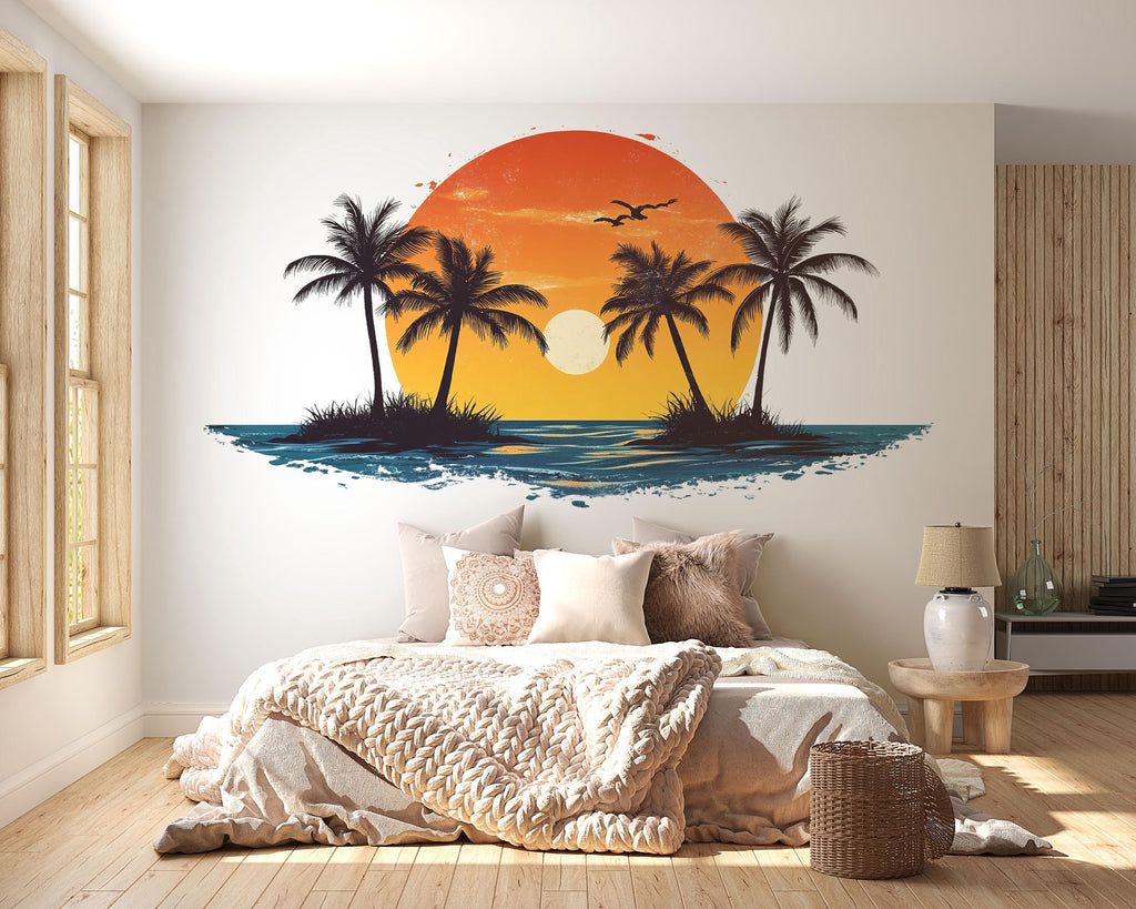 Tropical Sunset Wall Decal Palm Trees Ocean Island Sticker Coastal Beach Wall Decor Removable Vinyl Art Summer Vibes Living Room Bedroom