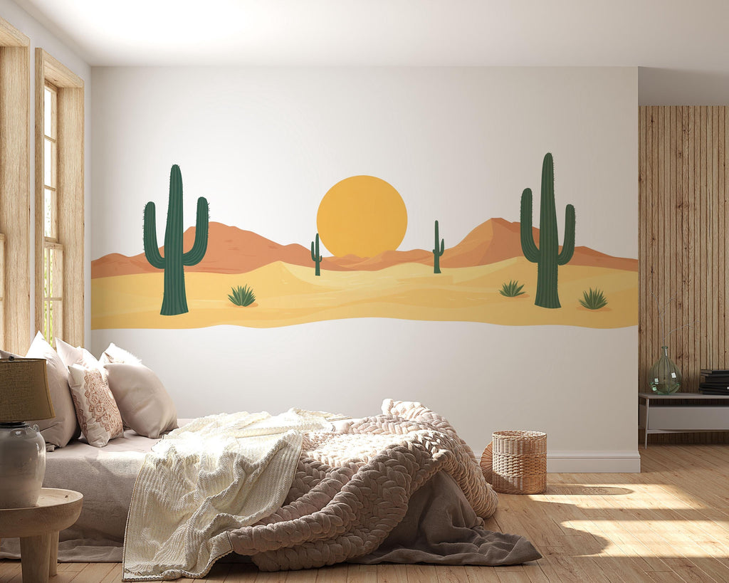 Desert Cactus Wallpaper Boho Wall Decal Sunset Wall Mural Peel And Stick Wallpaper Living Room Bedroom Western Desert Wall Decor Minimalist