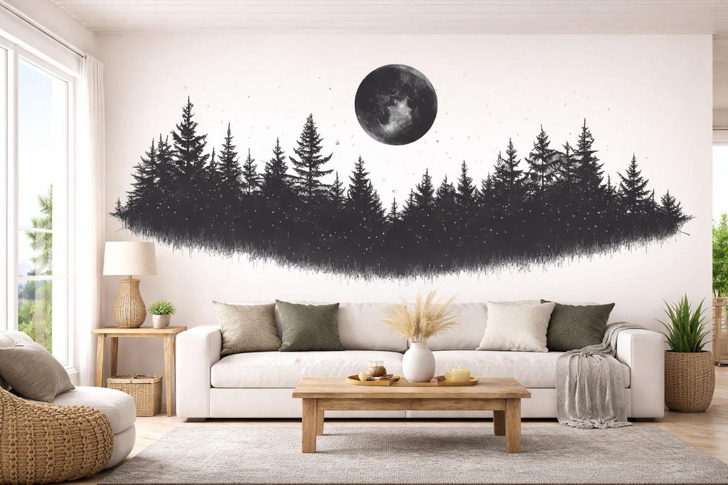Moon Forest Wallpaper Black Wall Decal Minimalist Wall Mural Peel And Stick Wallpaper Living Room Bedroom Scandinavian Dark Nature Decor