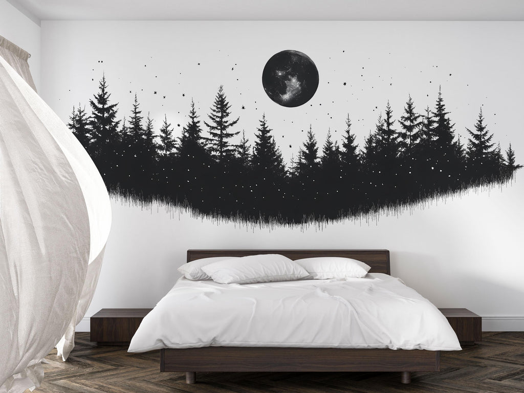 Moon Forest Wallpaper Black Wall Decal Minimalist Wall Mural Peel And Stick Wallpaper Living Room Bedroom Scandinavian Dark Nature Decor