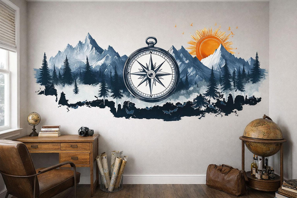 Compass Mountain Wallpaper Adventure Wall Decal Forest Wall Mural Peel And Stick Wallpaper Bedroom Living Room Cabin Nature Wall Decor
