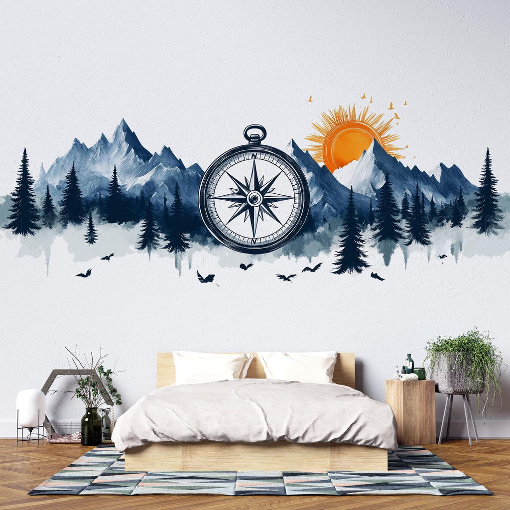 Compass Mountain Wallpaper Adventure Wall Decal Forest Wall Mural Peel And Stick Wallpaper Bedroom Living Room Cabin Nature Wall Decor