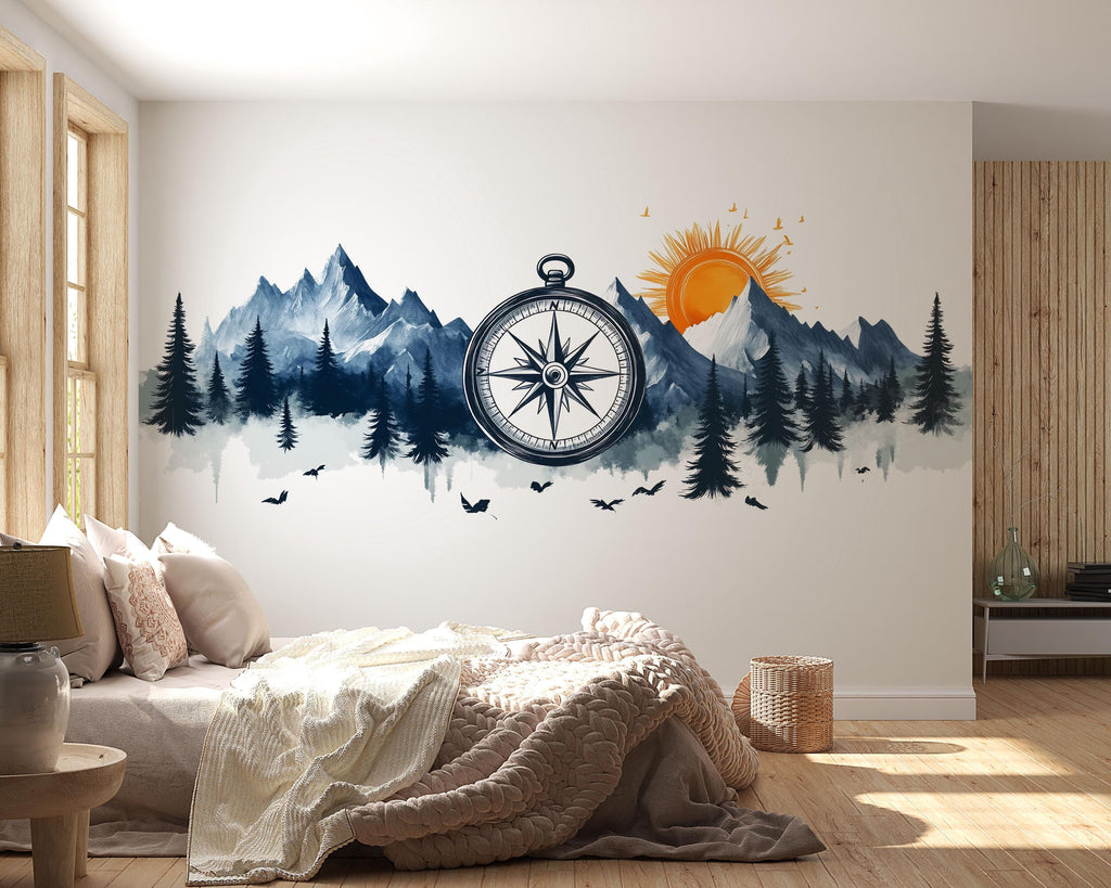 Compass Mountain Wallpaper Adventure Wall Decal Forest Wall Mural Peel And Stick Wallpaper Bedroom Living Room Cabin Nature Wall Decor